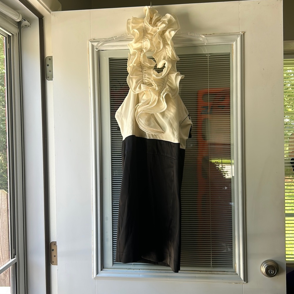 Black and white formal dress size large ruffled halter neck, side zipper